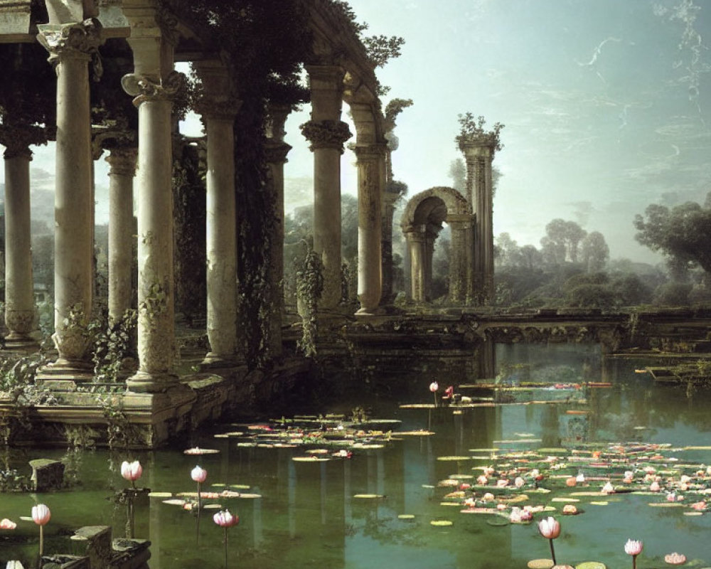 Classical columns amidst ruins near tranquil pond with blooming water lilies