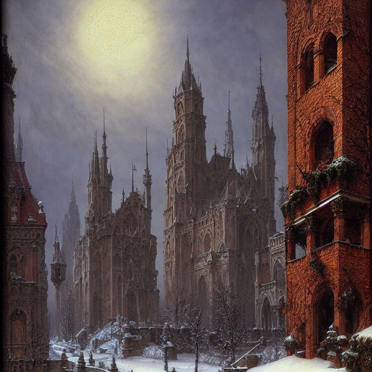 Gothic snow-covered cityscape with towering spires at night