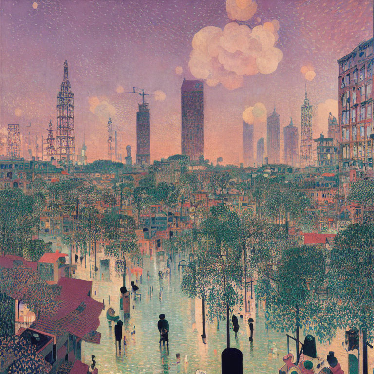 Impressionistic cityscape at dusk with flooded streets and pink-hued sky