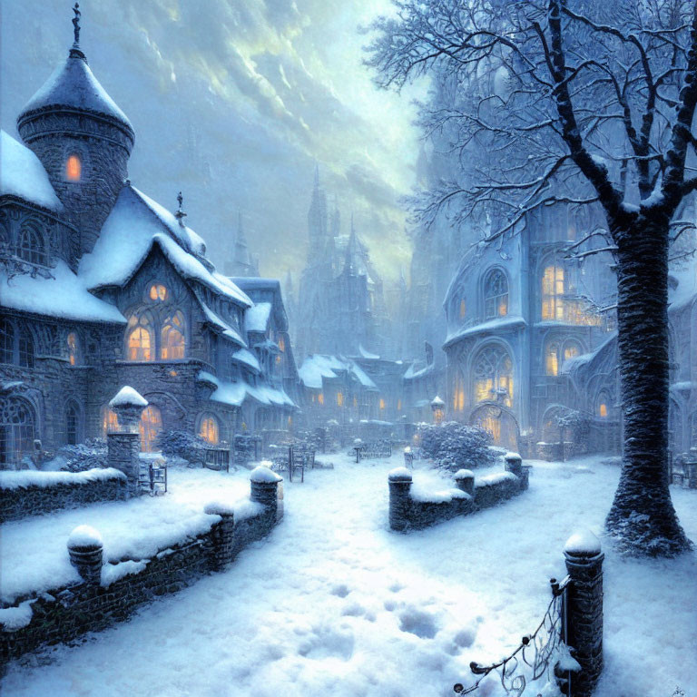 Snow-covered village with cobblestone streets and grand cathedral at twilight