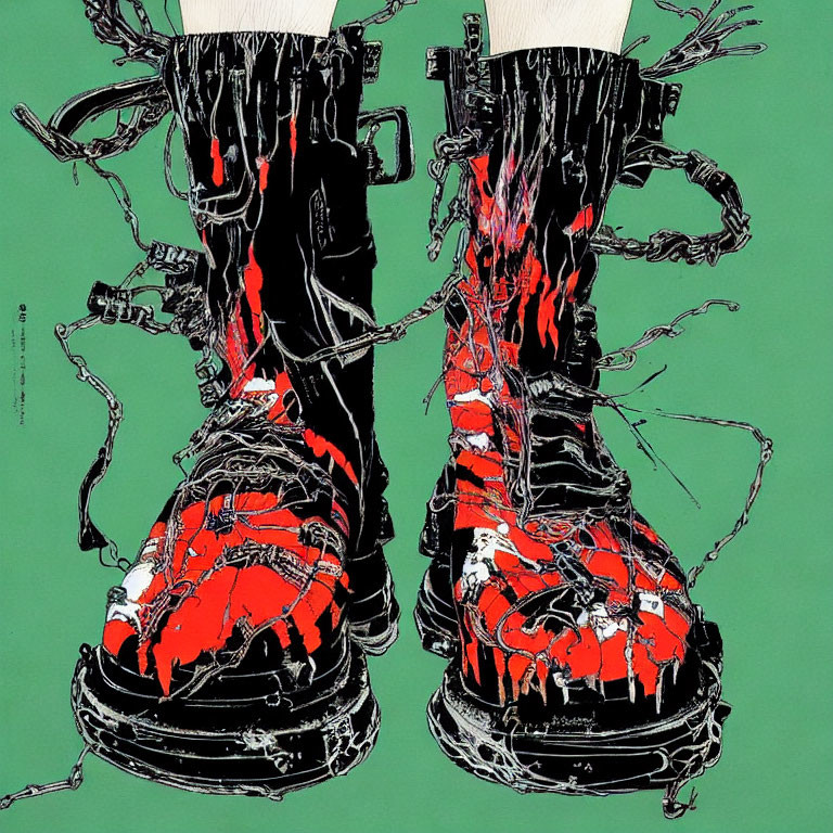 Chunky Boots with Black and Red Lava Pattern on Green Background