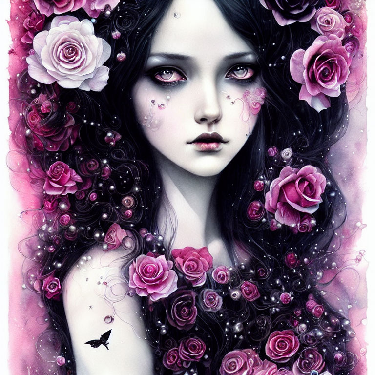 Gothic-style illustration of woman with dark hair, surrounded by roses and floral patterns