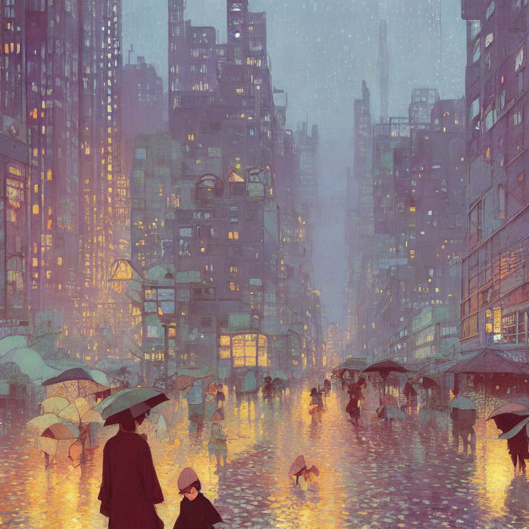 Rainy City Street at Dusk: Pedestrians with Umbrellas and Glowing Lights