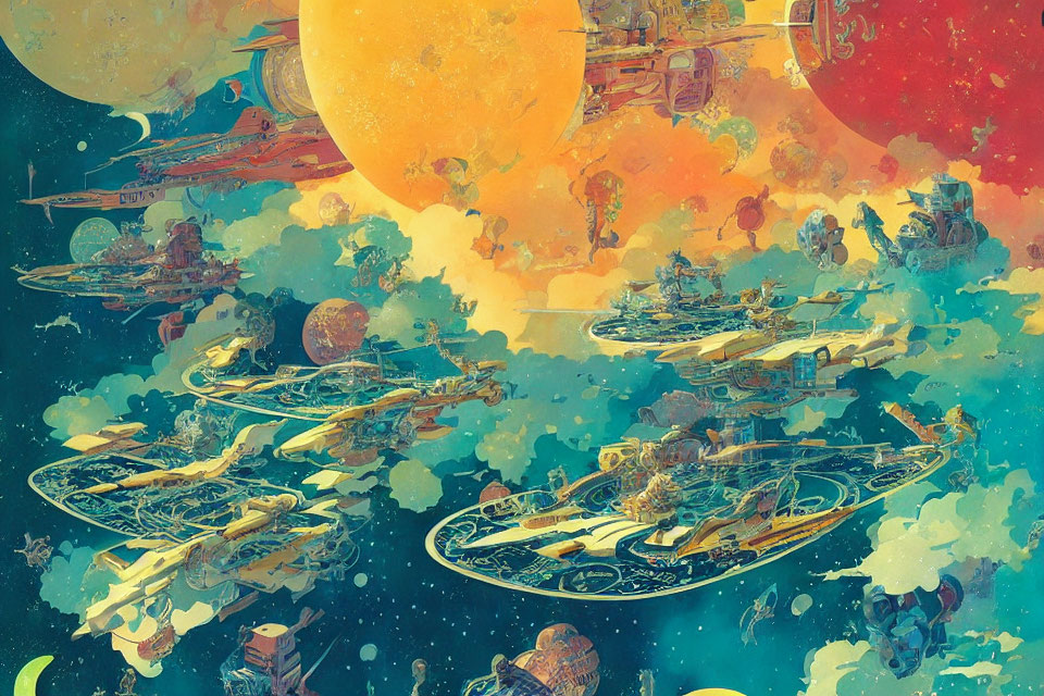 Colorful Sci-Fi Scene: Flying Ships, Floating Islands, Celestial Bodies