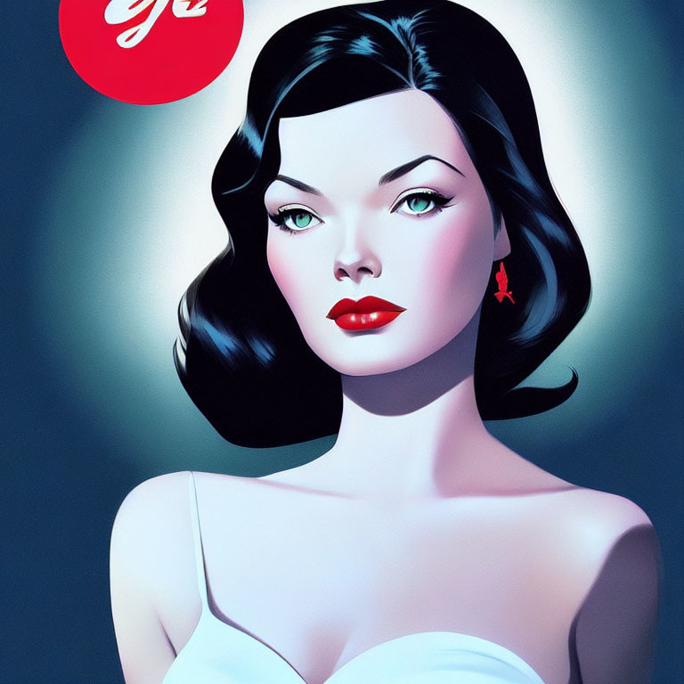 Stylized illustration of woman with dark hair, blue eyes, red lipstick, white dress