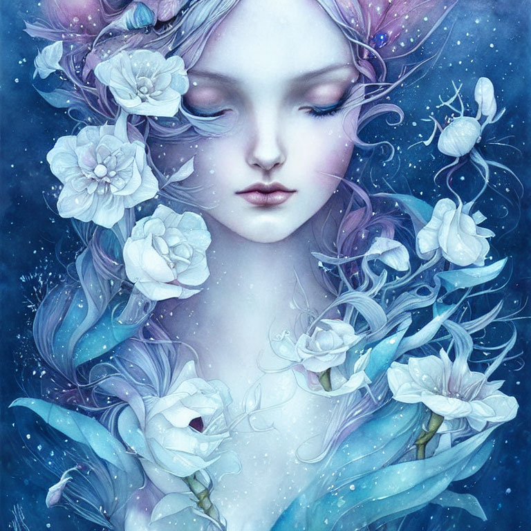 Ethereal artwork of woman with closed eyes among white flowers and snails