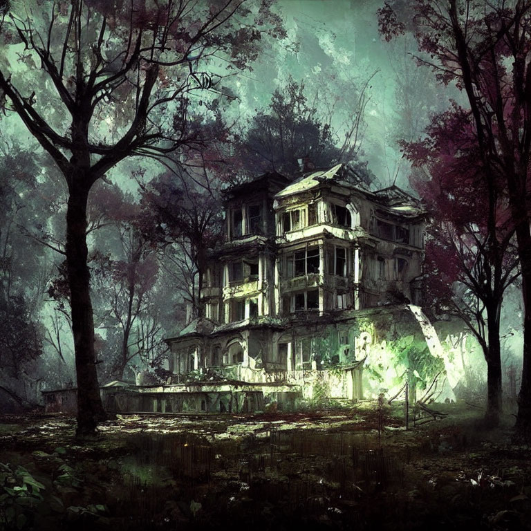 Abandoned mansion in twilight forest with eerie atmosphere