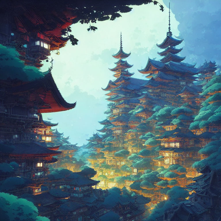 Ethereal artwork: Ancient pagoda in misty forest