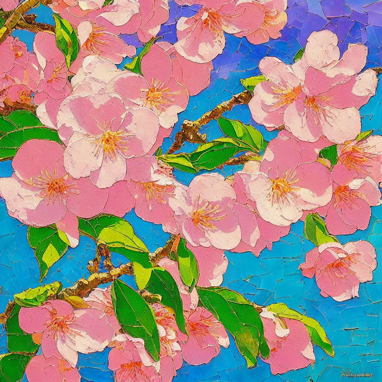 Vibrant pink cherry blossoms on textured blue background in bold brushstrokes