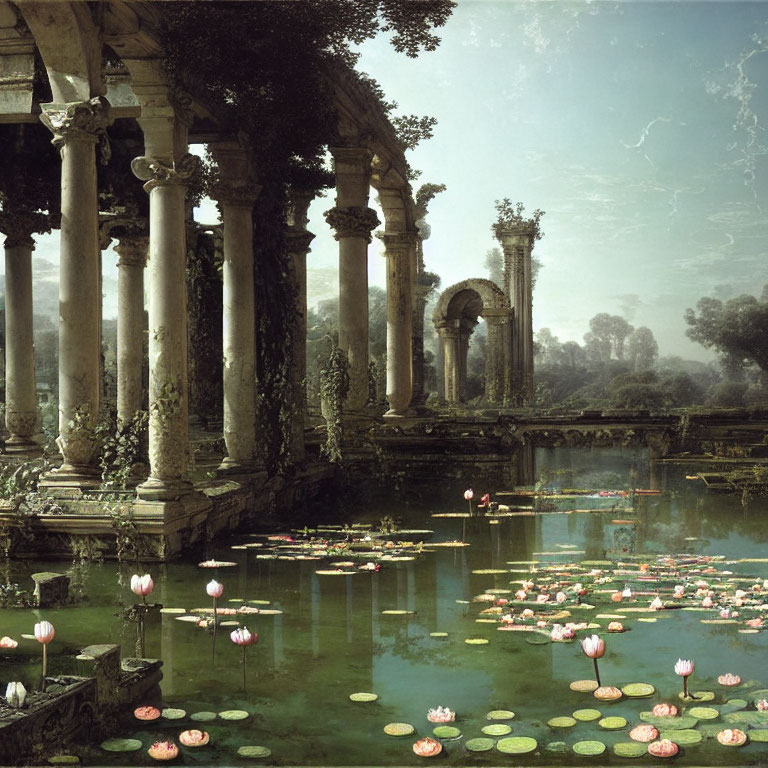 Classical columns amidst ruins near tranquil pond with blooming water lilies