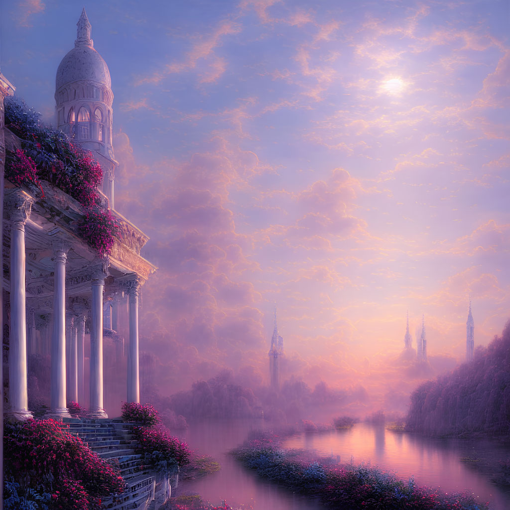 Majestic vine-draped palace by tranquil river in dreamy fantasy landscape