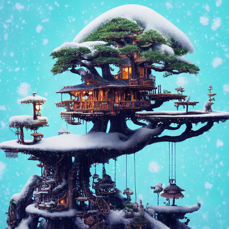 Snow-covered treehouse with multiple levels glowing in warm lights