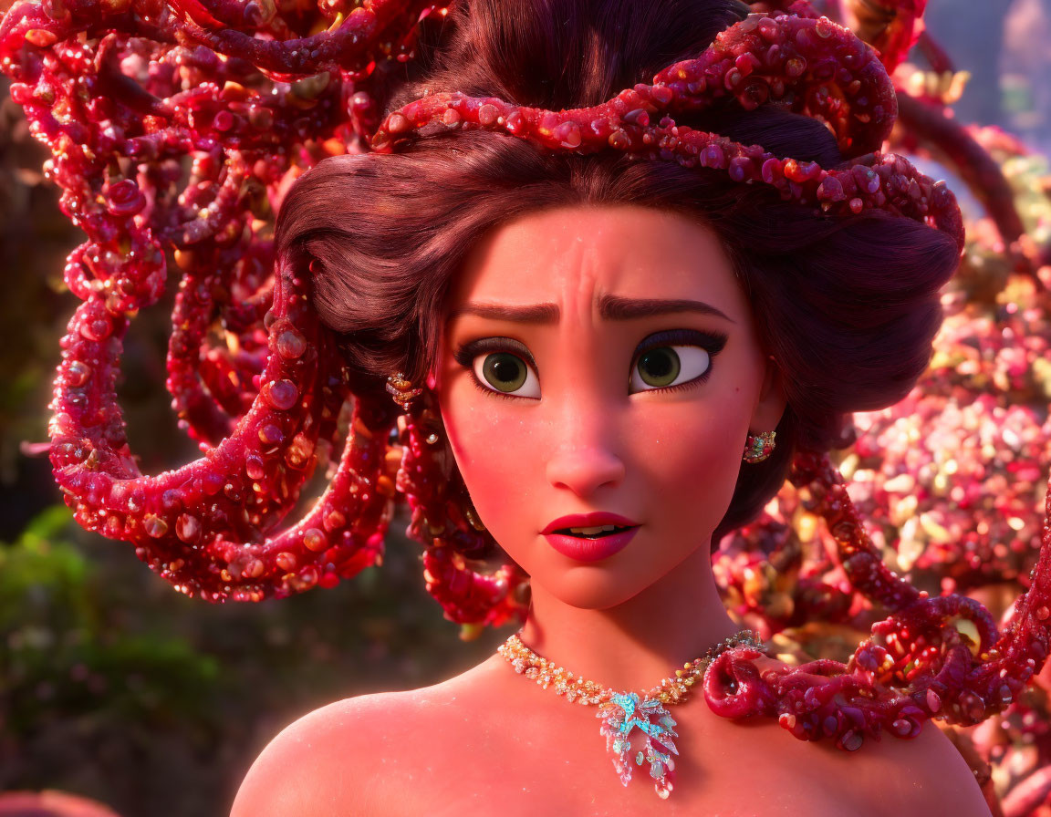 Animated character with octopus tentacles, expressive eyes, jeweled necklace, and floral backdrop