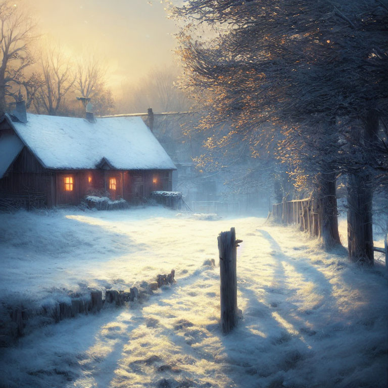 Winter Cottage Scene: Snow, Frosted Tree, Cozy Cabin