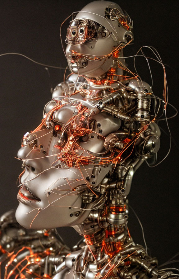 Detailed humanoid robot with silver and copper circuitry on dark background