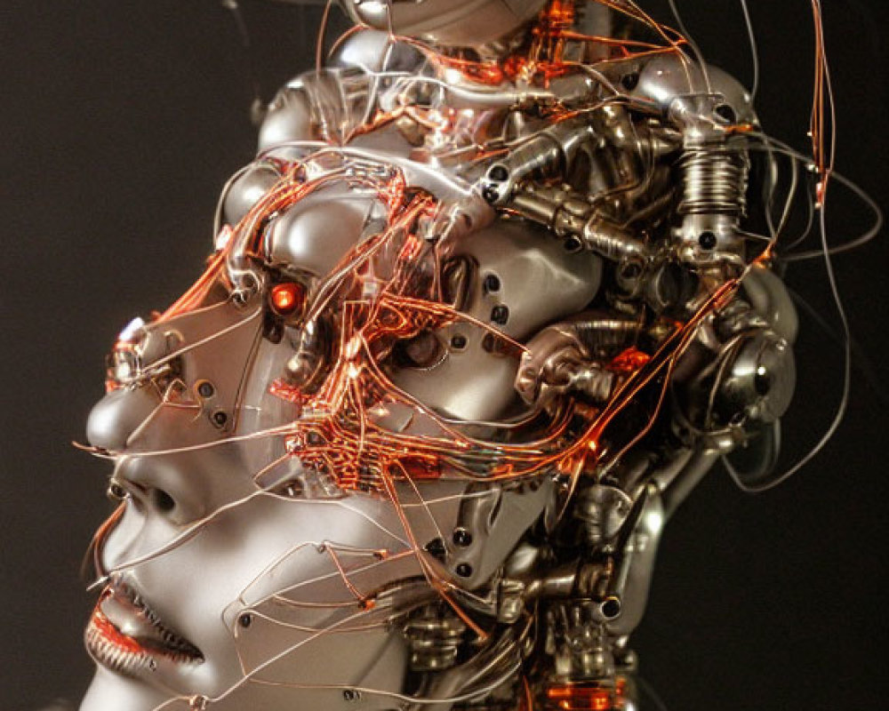 Detailed humanoid robot with silver and copper circuitry on dark background