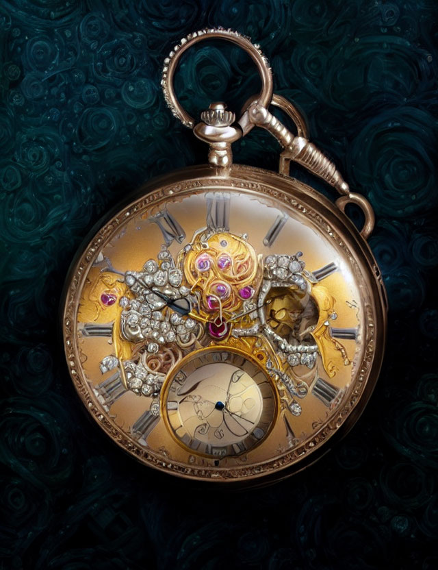 Detailed Golden Pocket Watch with Exposed Gears on Dark Background