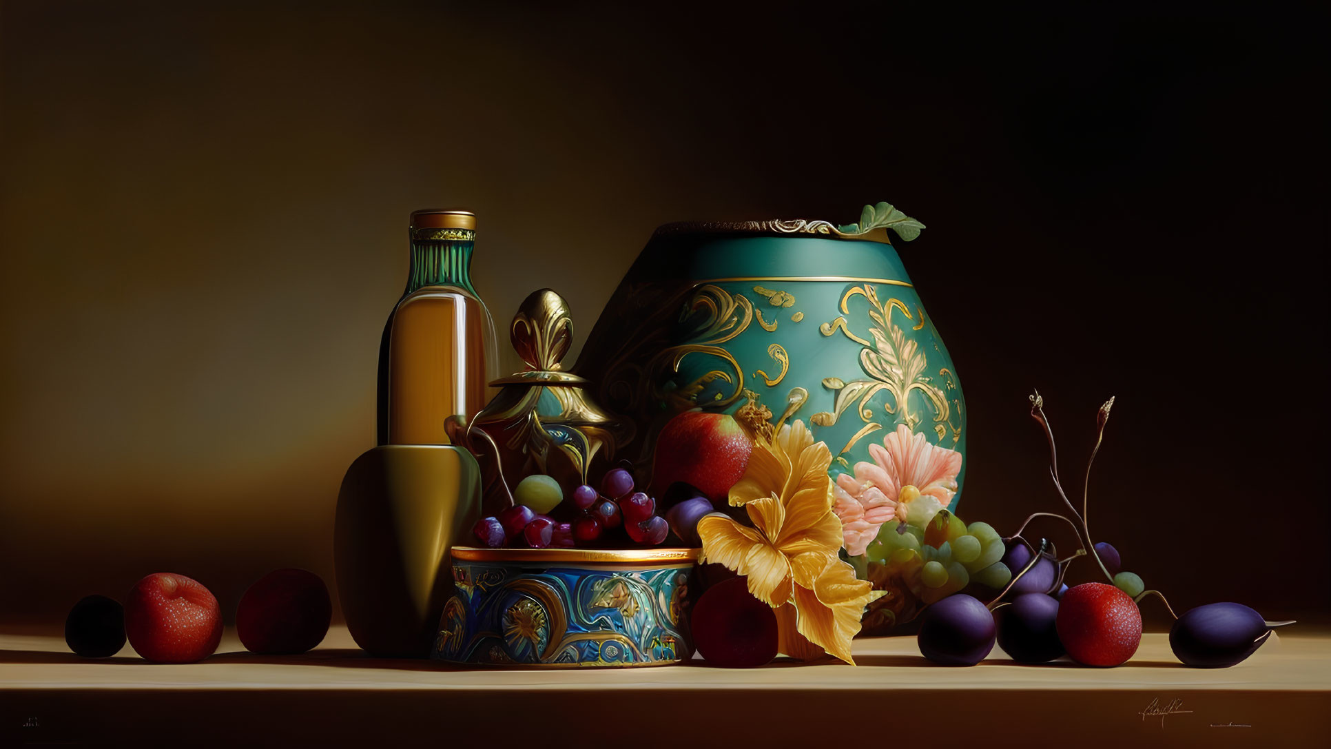 Realistic still life with fruits, vase, and bottle on dark background