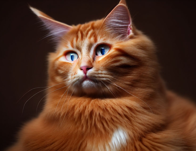 Orange Tabby Cat with Blue Eyes and Fluffy Fur on Dark Background