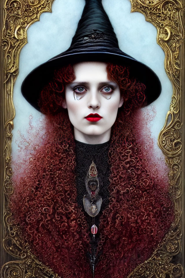 Person with Pale Skin and Red Curly Hair in Witch's Hat and Dark Attire