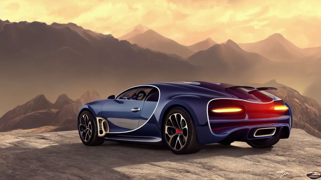 Blue sports car on rocky overlook with golden-lit mountains