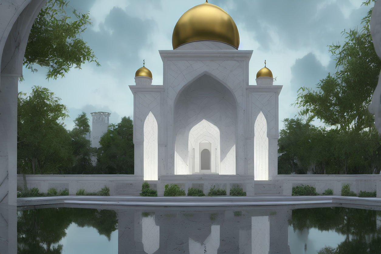 White Mosque with Golden Domes Reflected in Still Pool