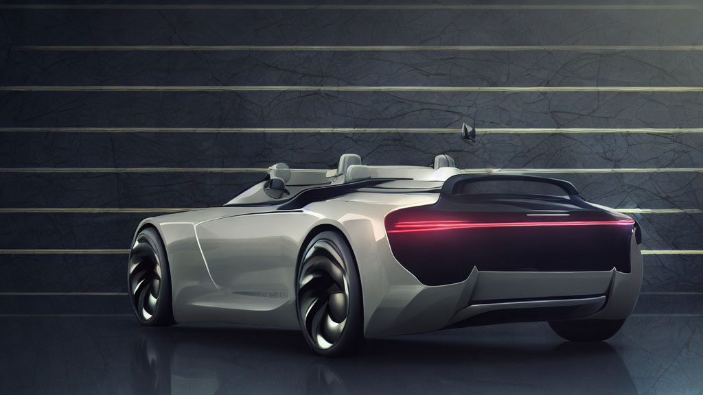 Sleek Silver Sports Car with Neon Lights and Oversized Wheels