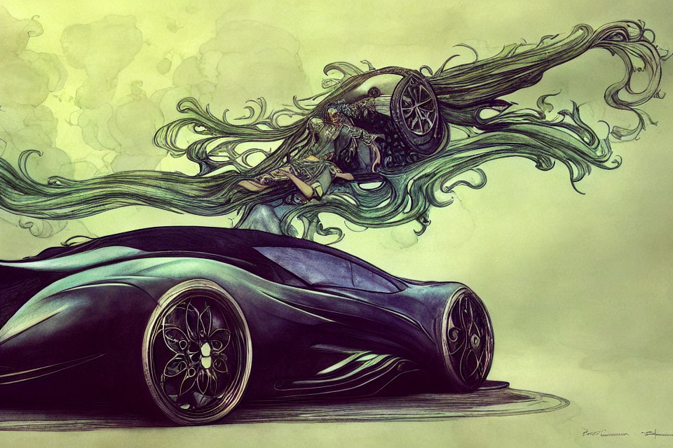 Futuristic car art with swirling green lines and abstract elements