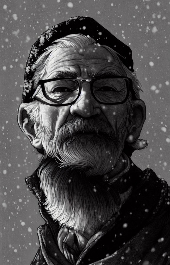 Elderly man with beard and glasses in cap with falling snowflakes in black and white illustration