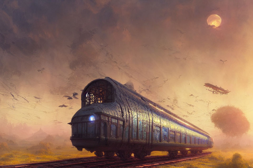 Futuristic train on tracks in sunset landscape with moon, birds, and flying vessels