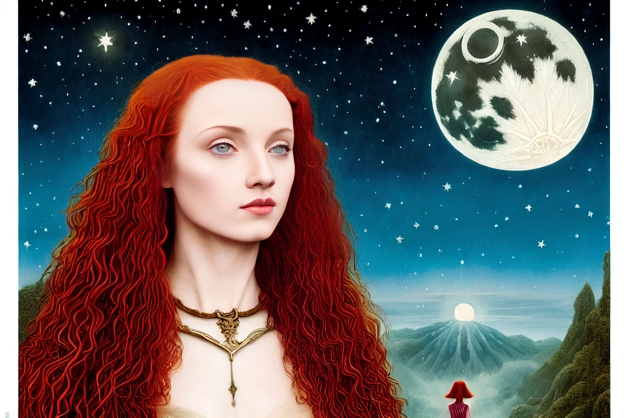 Surreal illustration of red-haired woman in celestial scene