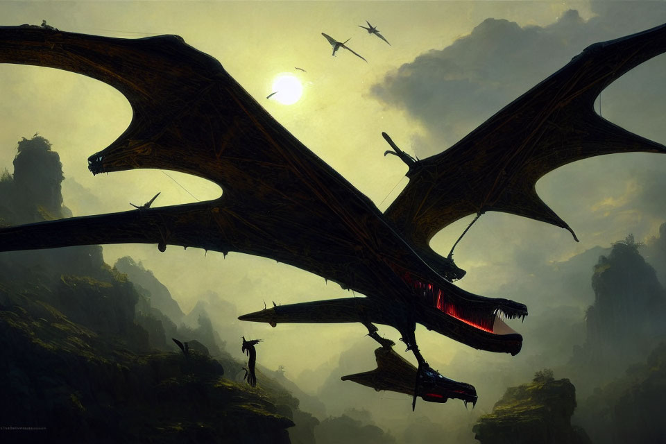 Majestic dragons flying over mountain range at sunset