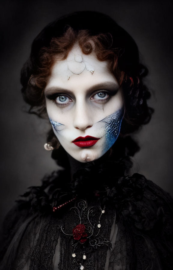 Pale skin, red lips, dramatic eye makeup with blue fish scale patterns, dark outfit, vintage hairstyle