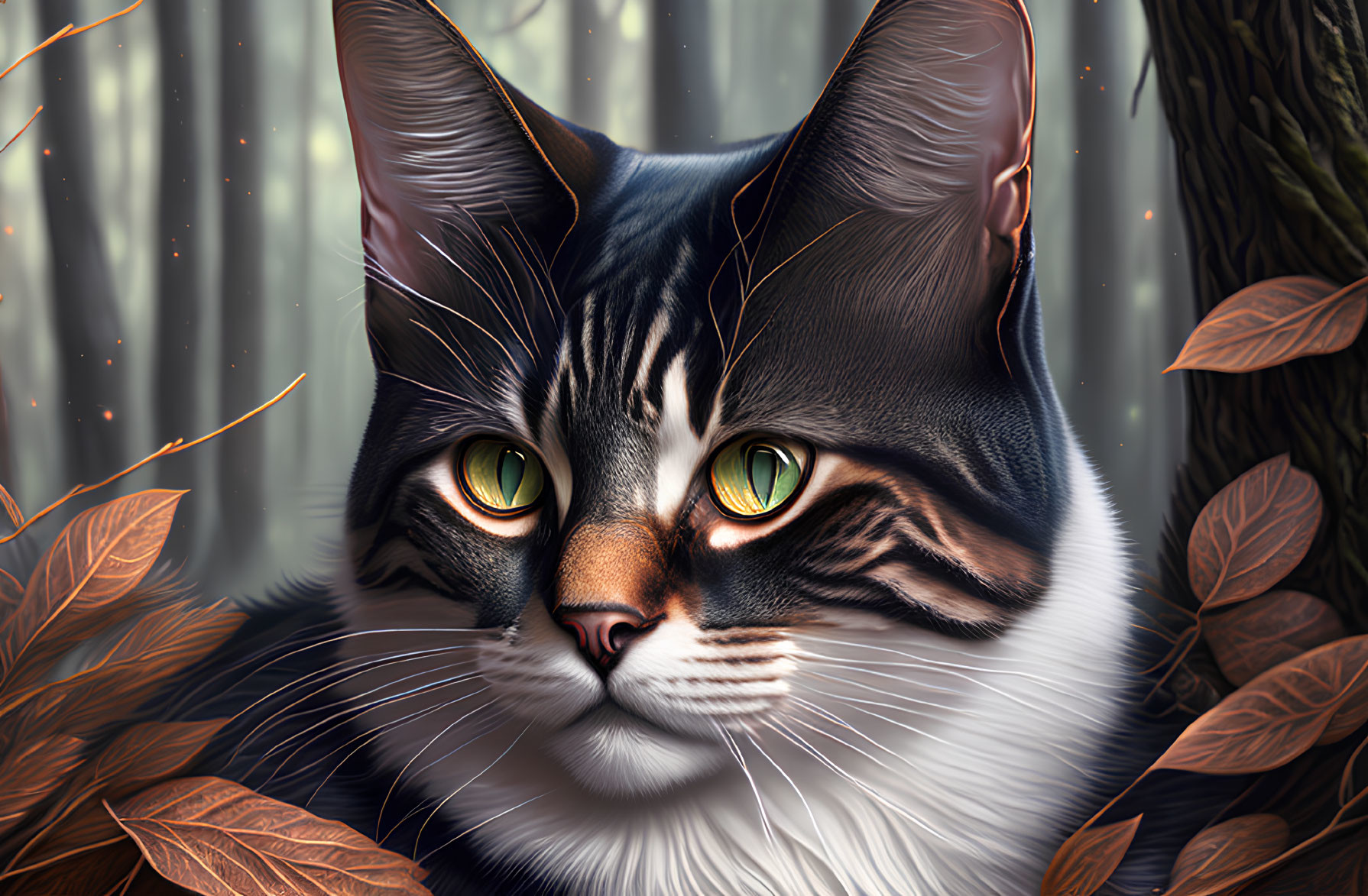 Detailed Digital Artwork: Cat with Green Eyes, Whiskers, Gray & Black Fur, Autumn