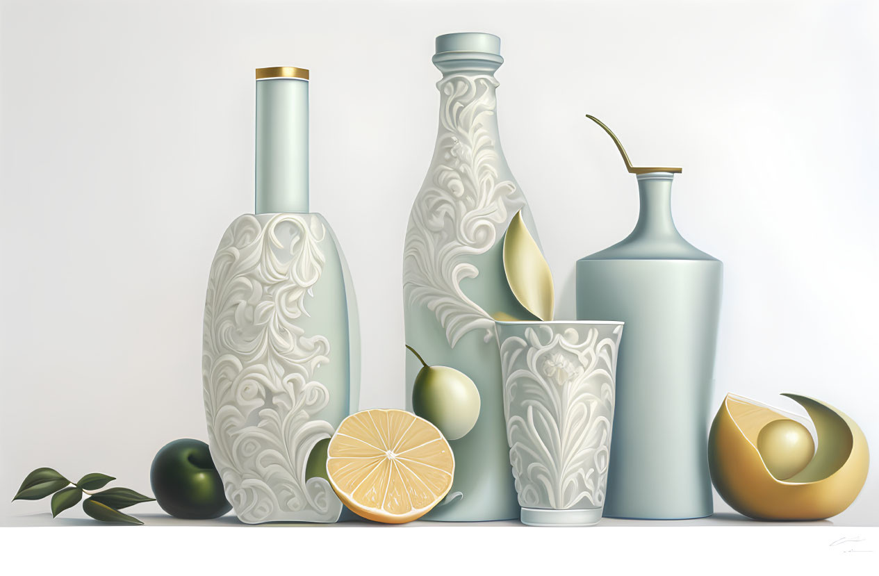 Elegant Ceramic Vases with Olives and Citrus on Pale Background