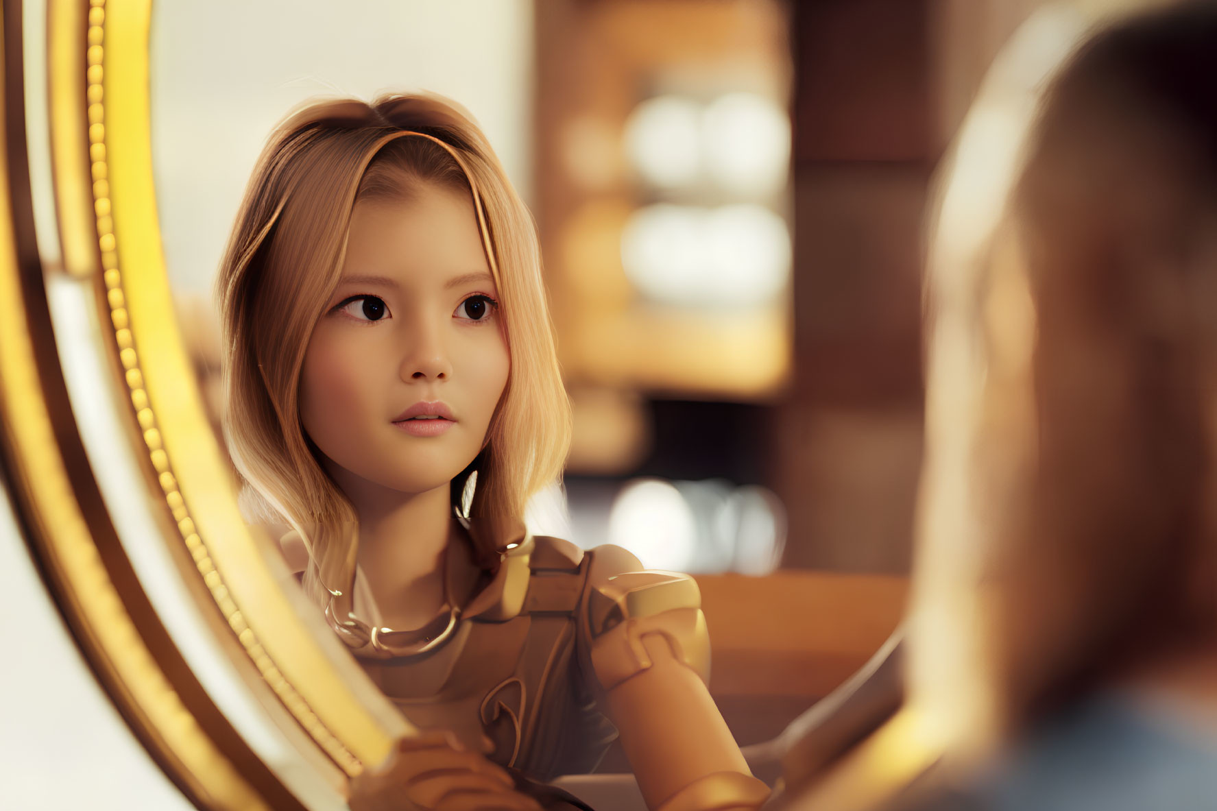 Blonde girl reflected in round mirror with warm lighting