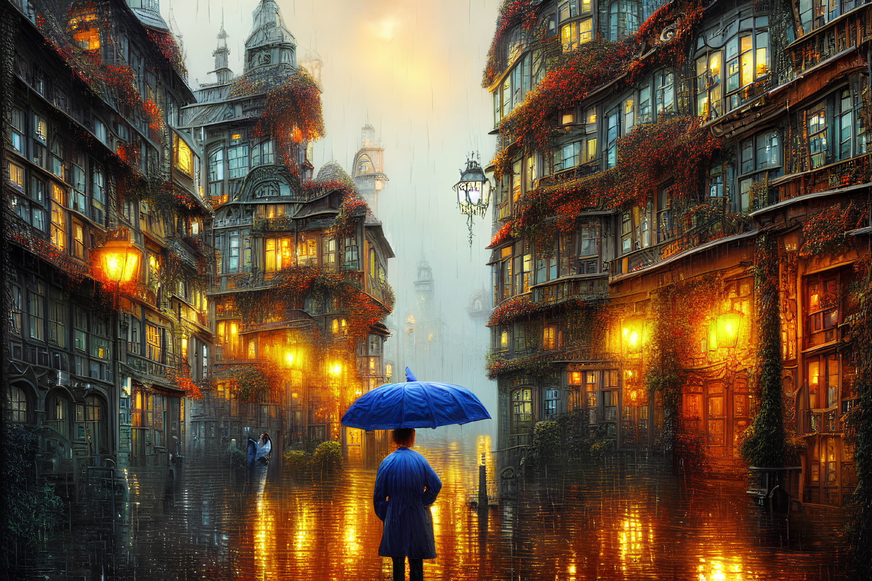 Person with blue umbrella on rain-drenched street surrounded by old buildings with glowing lights and ivy