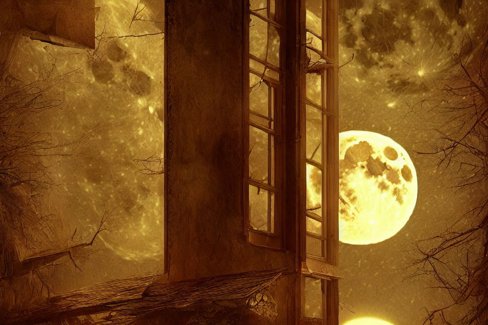 Sepia-Toned Image of Full Moon Through Derelict Window Frame