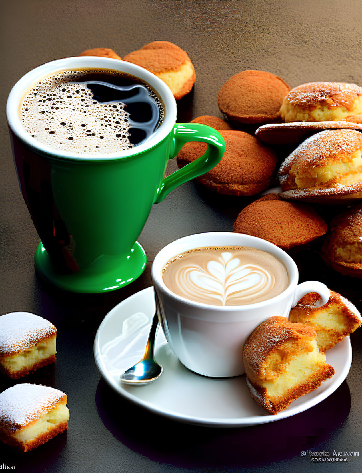 Assorted pastries, coffee mugs, latte art, and spoon on tabletop