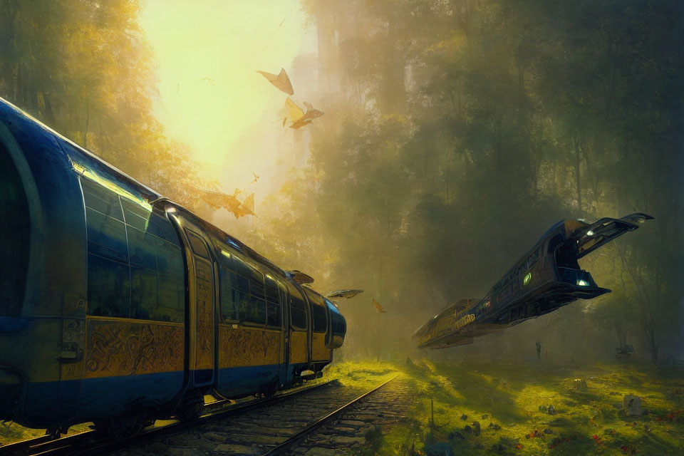 Futuristic trains in misty forest with floating ships & wildlife