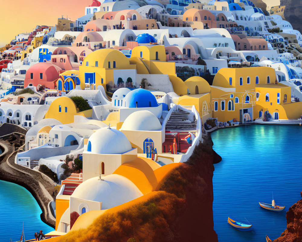 Colorful Buildings with Blue Domes Overlooking Serene Sea at Sunset