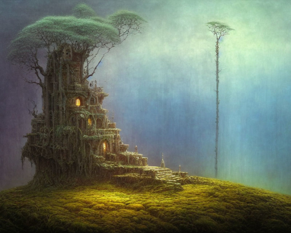 Mystical fantasy landscape with large ancient tree house surrounded by towering trees