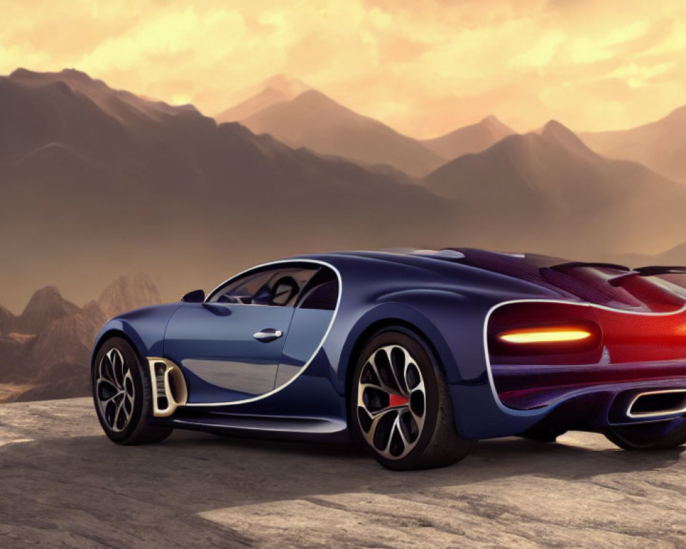 Blue sports car on rocky overlook with golden-lit mountains