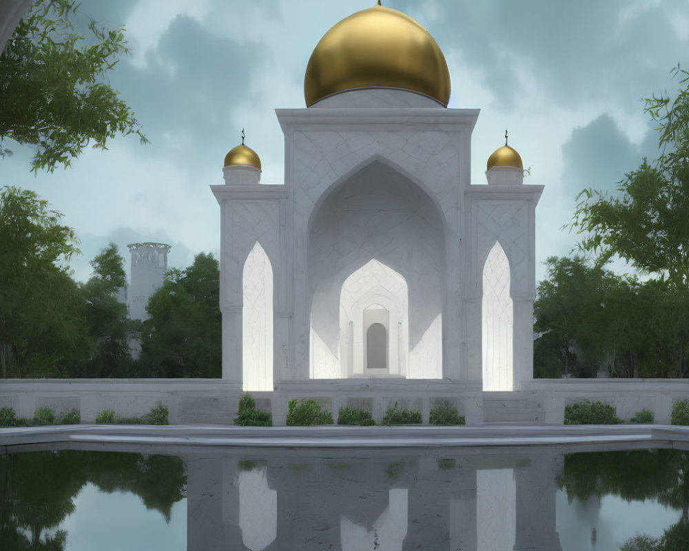 White Mosque with Golden Domes Reflected in Still Pool