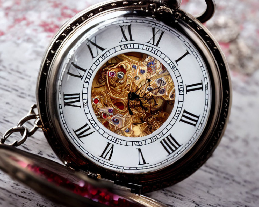 Exquisite pocket watch with golden gears on white face and compass in background