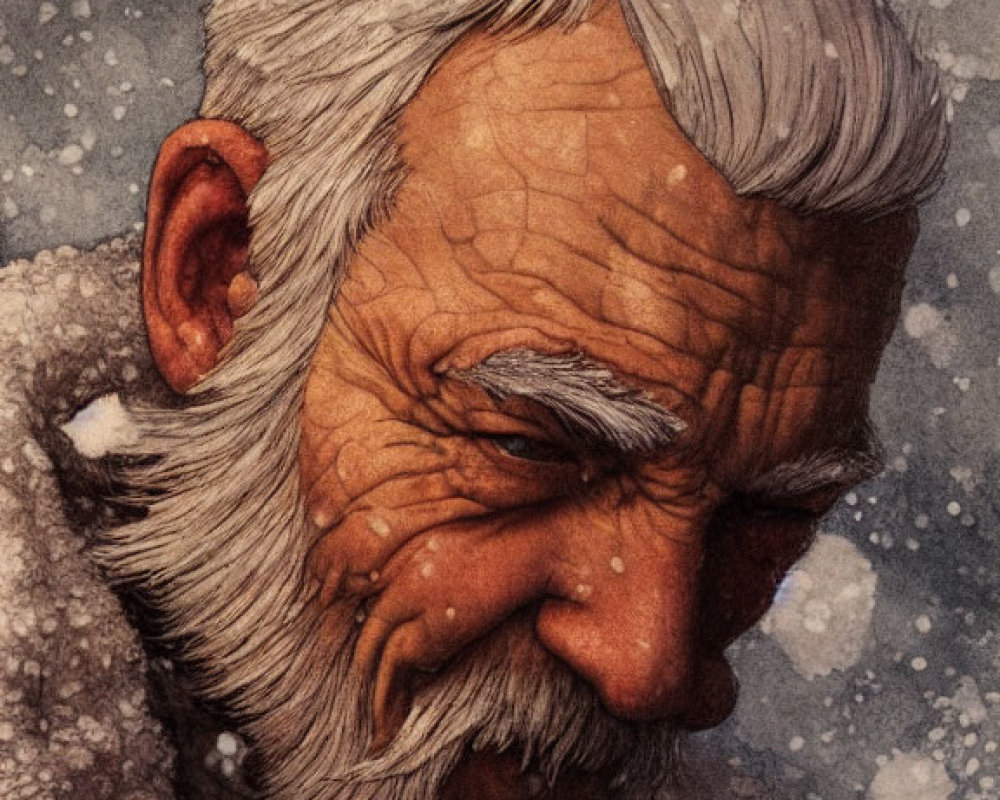 Elderly man smiling with white beard and snowflakes