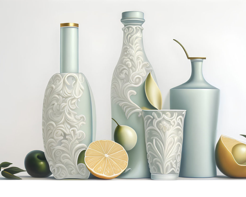 Elegant Ceramic Vases with Olives and Citrus on Pale Background