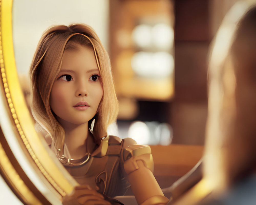 Blonde girl reflected in round mirror with warm lighting