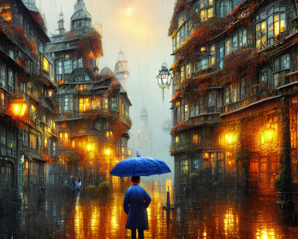 Person with blue umbrella on rain-drenched street surrounded by old buildings with glowing lights and ivy