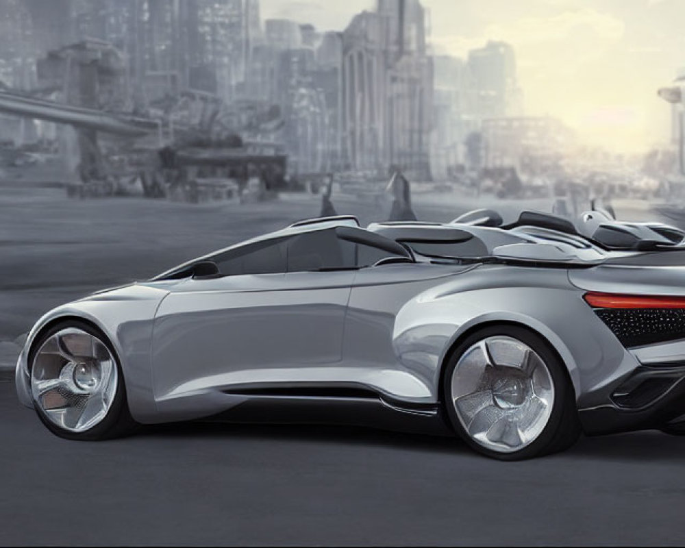 Futuristic white sports car on deserted city street at dawn